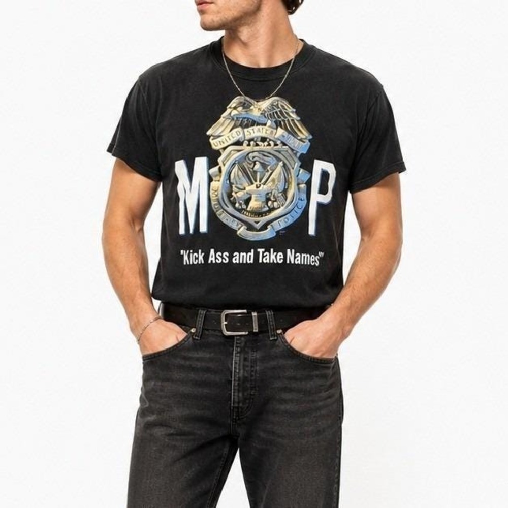 90s Vintage Military Police T Shirt Black Graphic Tee Mens M L 1992 Crew Neck